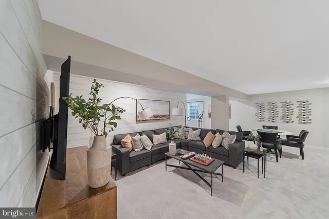 a living room with furniture rug and a potted plant