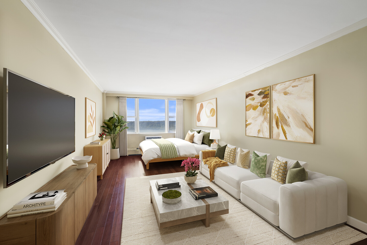 5700 Arlington Avenue, Unit 17N Bronx, NY 10471 - Photo 1 of 16 a living room with furniture and a flat screen tv