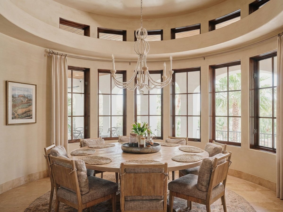 433 Brandon Way Austin, TX 78733 - Photo 11 of 40 A striking round dining room offers abundant natural light through multiple windows, perfect for memorable gatherings.