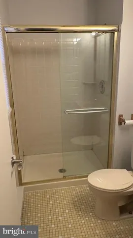 a bathroom with a shower and a toilet