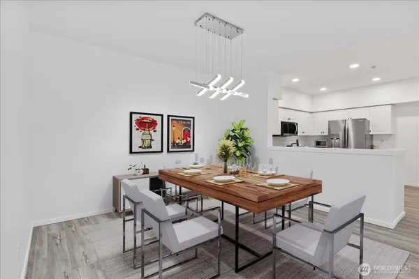 a view of a dining room with furniture