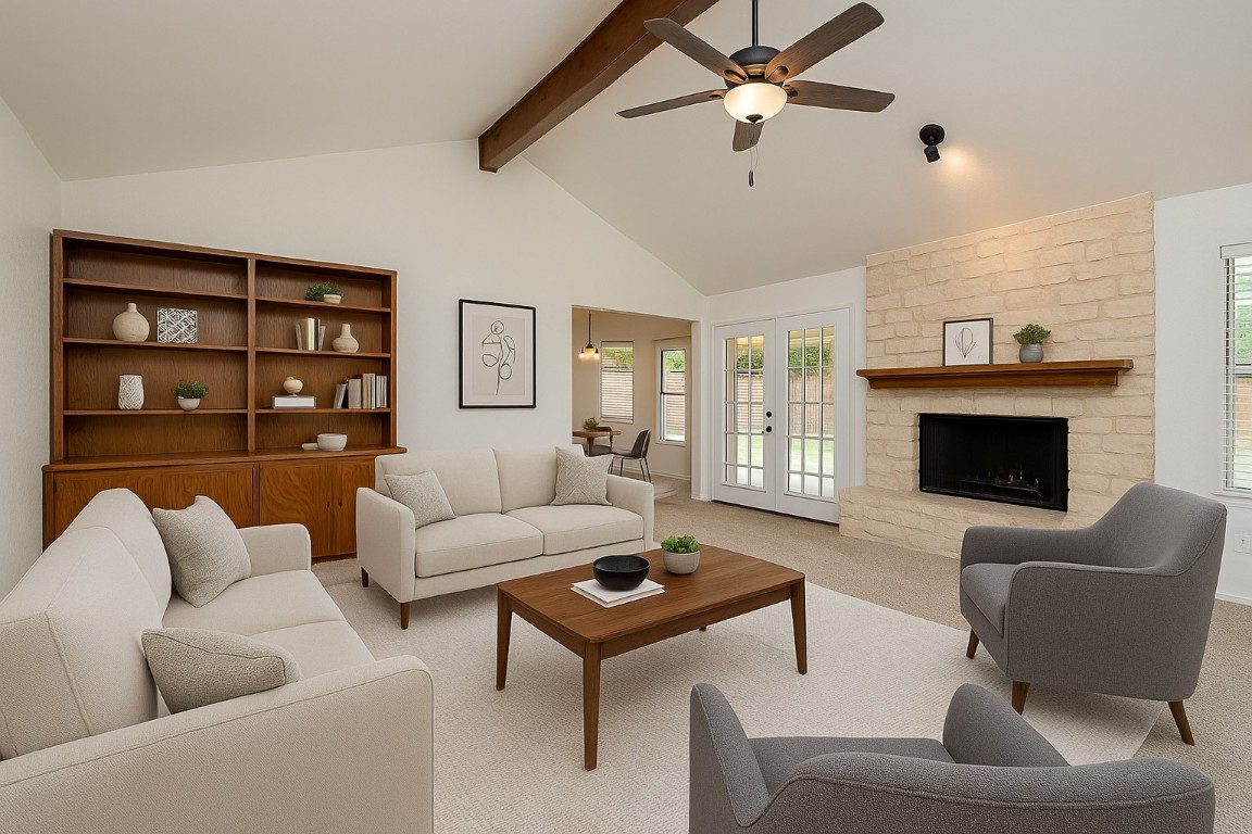 910 Garden View Drive Georgetown, TX 78628 - Photo 7 of 28 Living room has beamed ceiling and built-in storage *Virtually Staged*