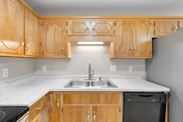 a kitchen with a sink a cabinets and appliances