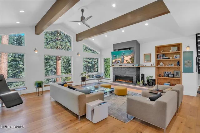 a living room with furniture fireplace and potted plants