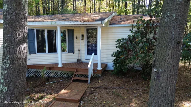 a view of a yard with plants and trees