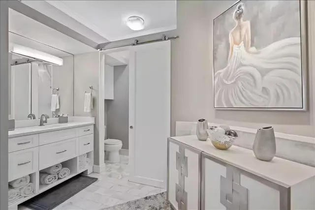 a bathroom with a granite countertop sink a toilet and a shower