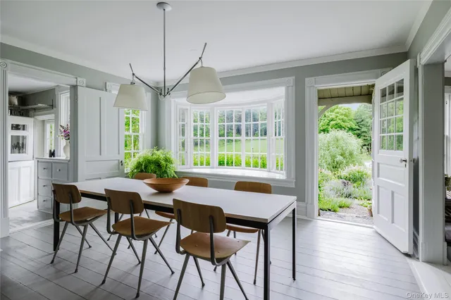 a view of a dining room with furniture window and wooden floor