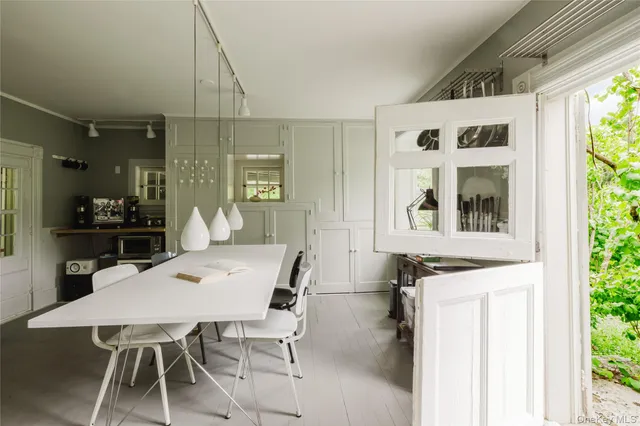 a view of a dining room with furniture window and wooden floor