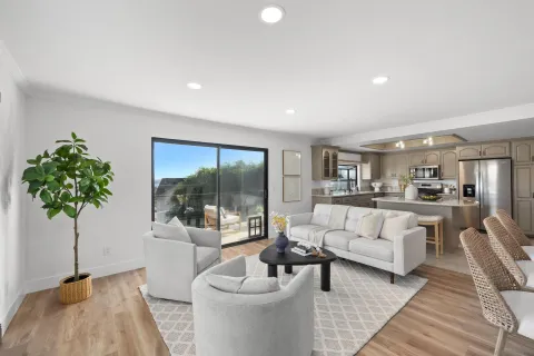 a living room with furniture and a potted plant