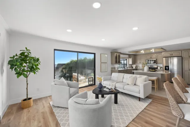 a living room with furniture and a potted plant