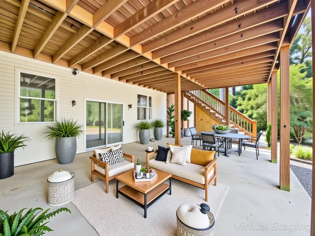 a dining room with furniture and a kitchen view