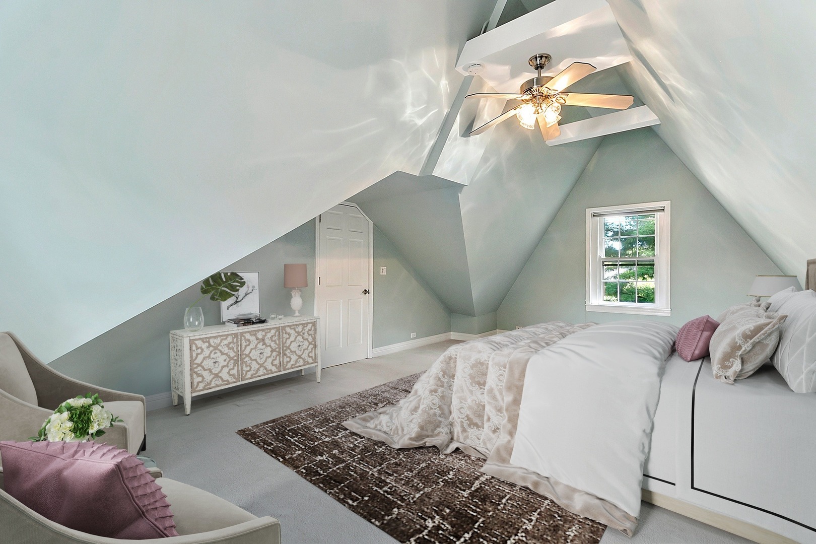 595 Selborne Road Riverside, IL 60546 - Photo 10 of 25 a bedroom with a large bed and a chandelier