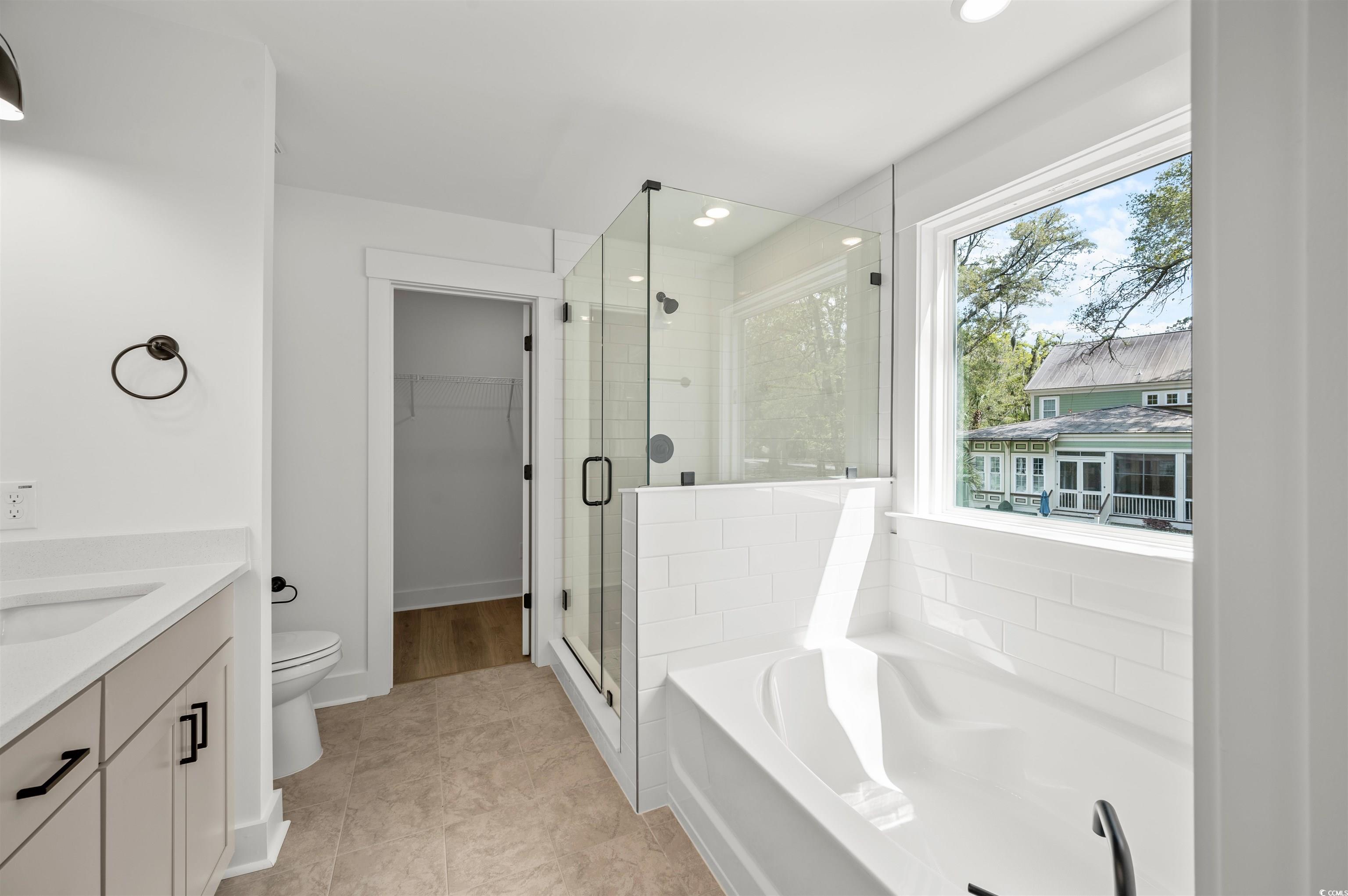67 Bridge View Road Georgetown, SC 29440 - Photo 21 of 40 Full bathroom with vanity, a bath, a shower stall, a walk in closet, and recessed lighting