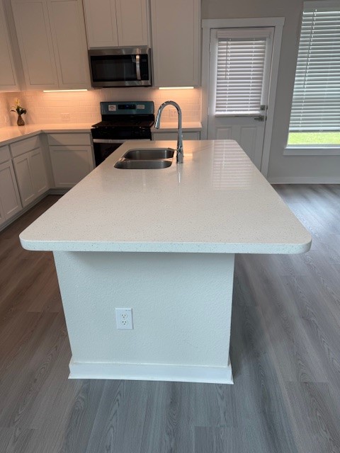7838 Ruth Ravine Court Spring, TX 77379 - Photo 6 of 23 Modern kitchen with a large, sleek island featuring a sink and faucet. It has bright white cabinetry, stainless steel appliances, and light wood floors, creating an inviting and functional space.
