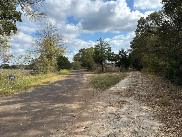 a view of dirt field with trees