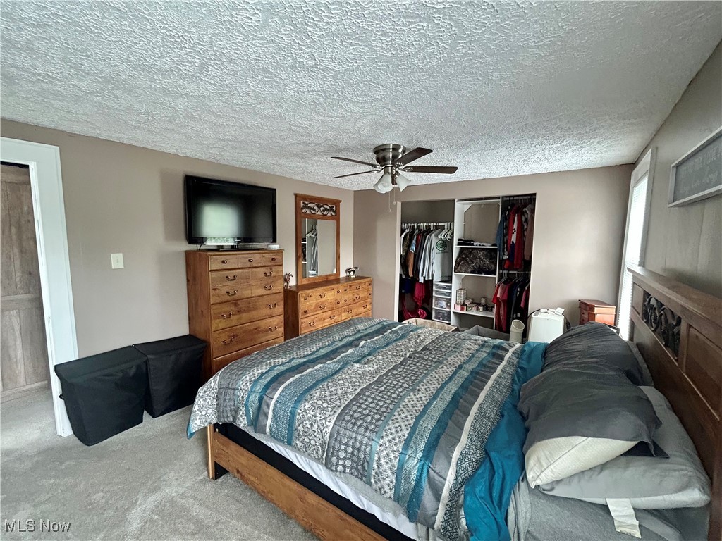 935 Lilly Road Alliance, OH 44601 - Photo 25 of 31 Carpeted bedroom with a closet, a fireplace, ceiling fan, a textured ceiling, and a spacious closet
