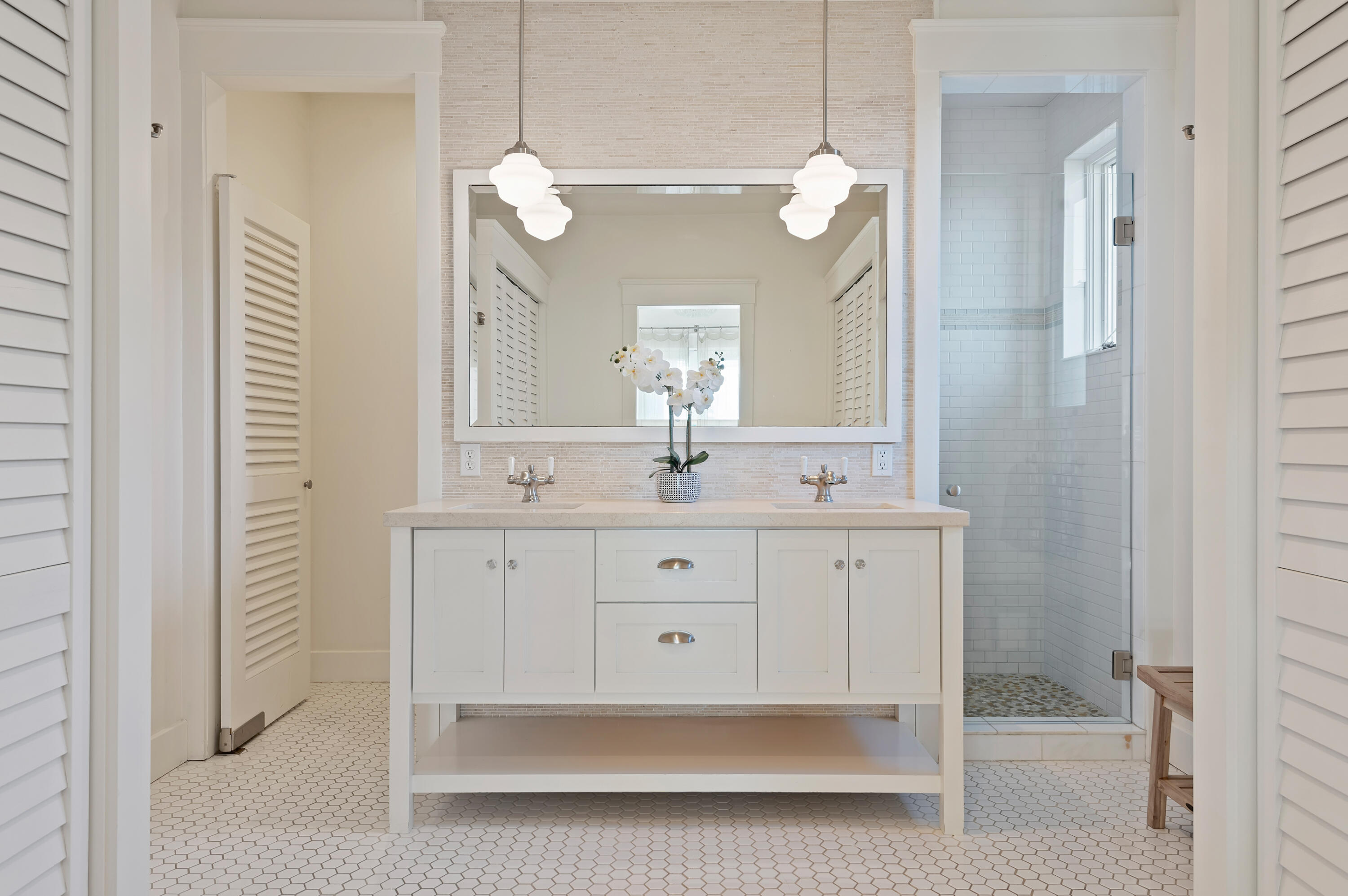 Undisclosed Address Summerland, CA 93067 - Photo 17 of 27 a bathroom with a double vanity sink and a mirror