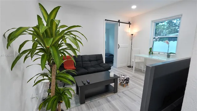 a living room with furniture and a potted plant