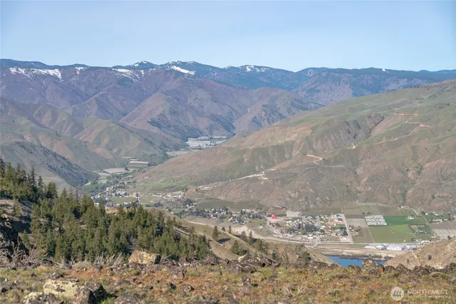 a view of a backyard with a mountain