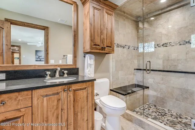 a bathroom with a granite countertop sink a toilet a mirror and shower