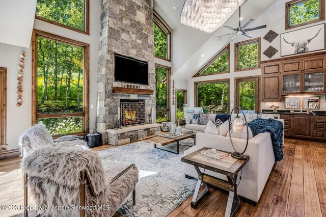 a living room with fireplace furniture and a flat screen tv