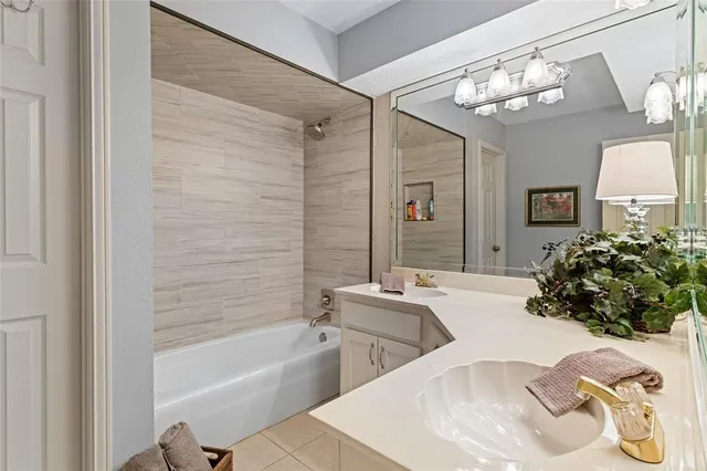 a bathroom with a tub sink and mirror
