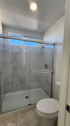 a bathroom with a shower and toilet