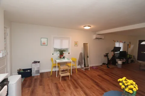 a living room with furniture a dining table and a potted plant