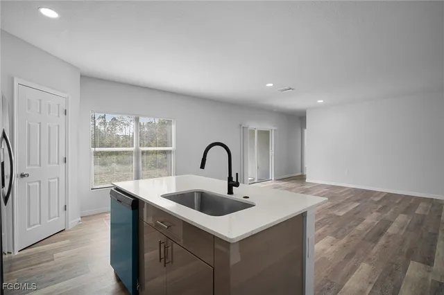 a kitchen with a sink and a wooden floor