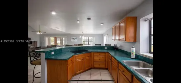a kitchen with a sink a counter top space and a fireplace