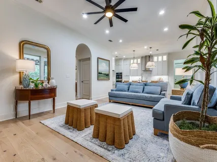 a living room with furniture and a potted plant