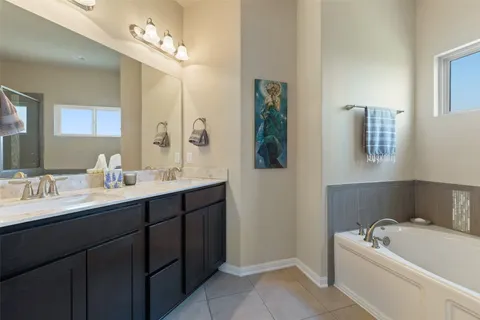 a bathroom with a tub sink and mirror