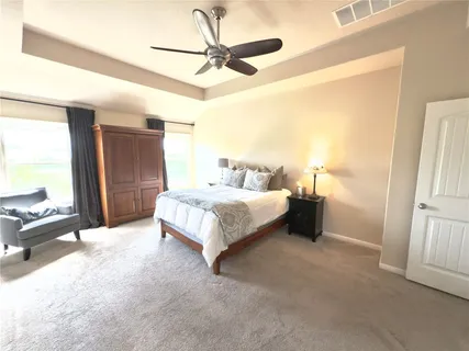 a bedroom with a bed a ceiling fan and a rug