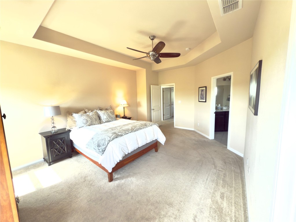 609 Stone View Trail Austin, TX 78737 - Photo 36 of 36 a bedroom with a large bed and a chandelier