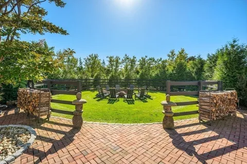 a view of a park with large trees