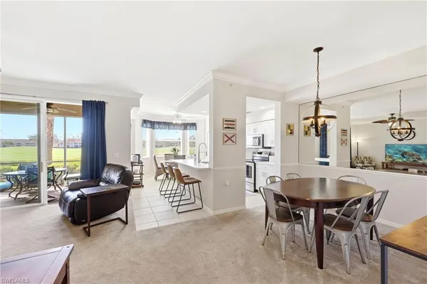a view of a dining room with furniture window and outside view