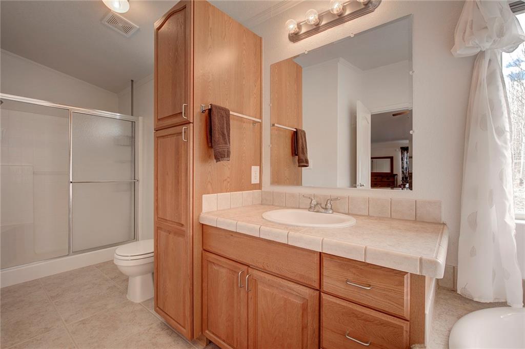 6186 Ranch Road Hartsel, CO 80449 - Photo 23 of 30 a bathroom with a granite countertop sink toilet and shower