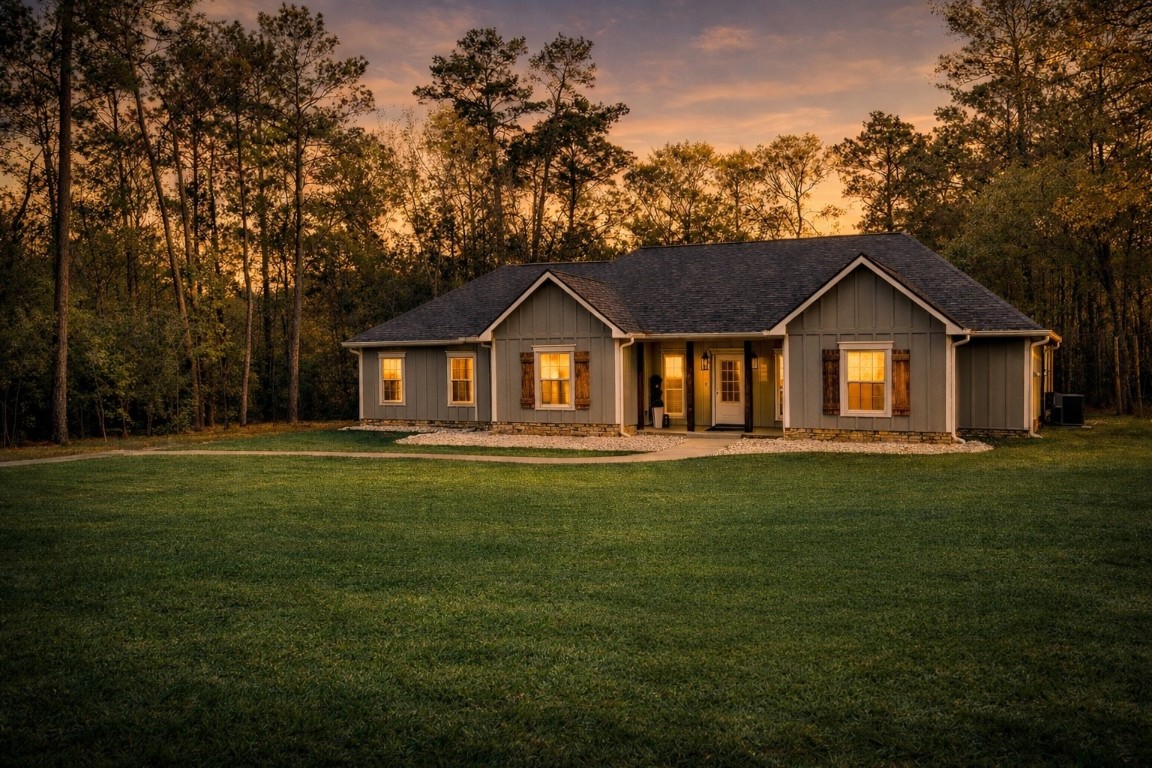 Charming single-story home with a welcoming front porch, nestled in a serene wooded setting. The exterior features a modern design with warm lighting, surrounded by lush greenery and a spacious lawn, perfect for tranquil living.