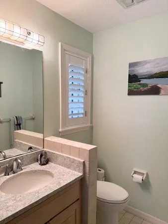 a bathroom with a sink a toilet and mirror