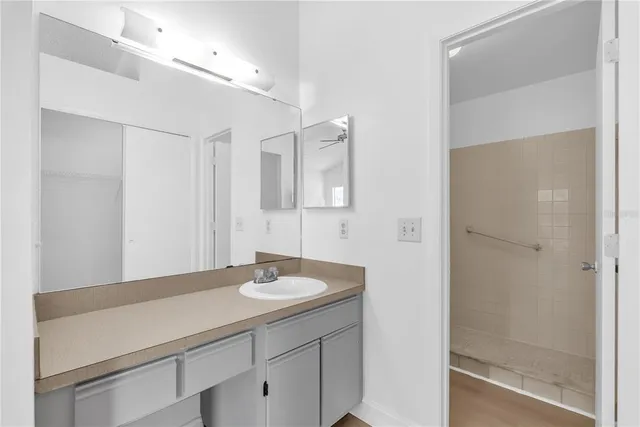 a bathroom with a sink double vanity and a mirror