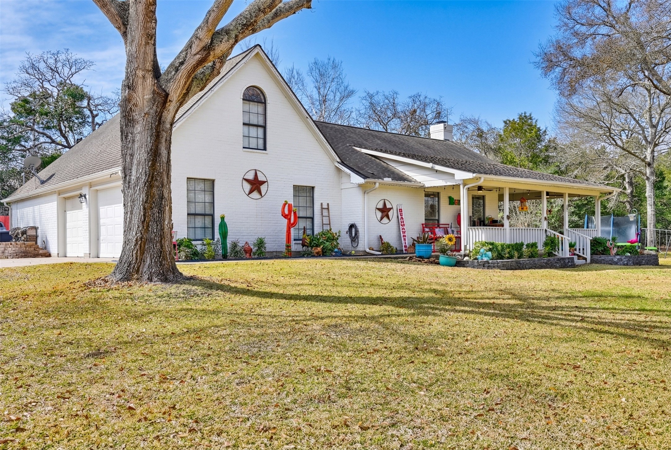 a front view of house with an outdoor space and seating