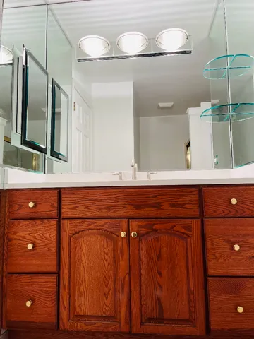 a bathroom with a sink a mirror and vanity