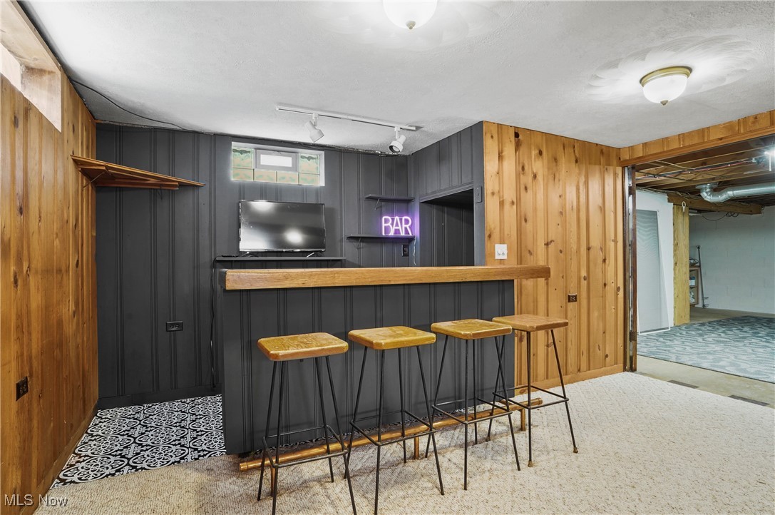 1071 Chalker Street Akron, OH 44310 - Photo 21 of 23 Basement featuring Bar with light carpet, wood walls, and track lighting