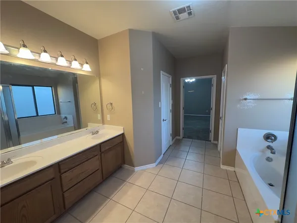 a bathroom with a sink mirror and a shower
