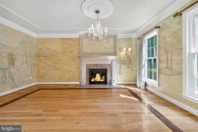 a view of empty room with wooden floor and fireplace