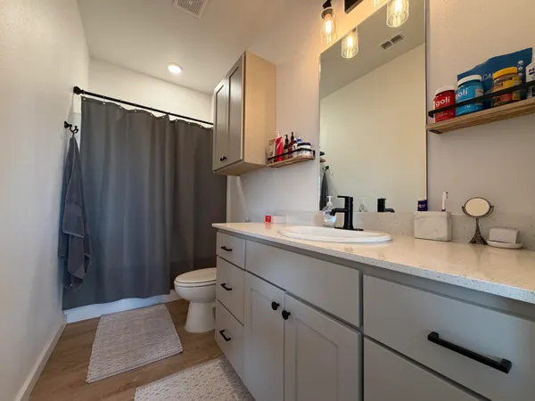 a bathroom with a sink a toilet and shower
