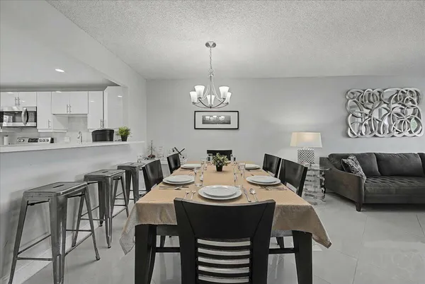 a view of a dining room with furniture