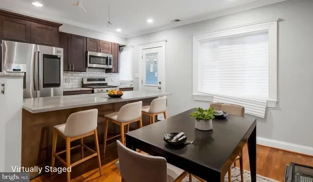 a kitchen with a table chairs stove and microwave