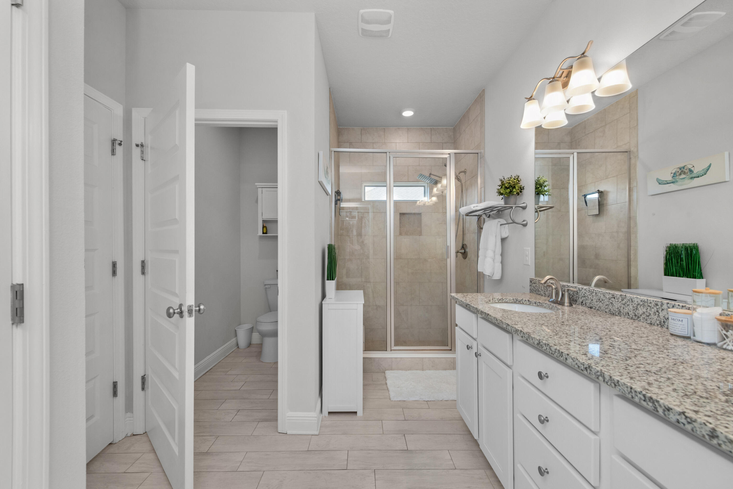 382 Lightning Bug Lane Freeport, FL 32439 - Photo 20 of 33 a bathroom with a granite countertop sink mirror and shower