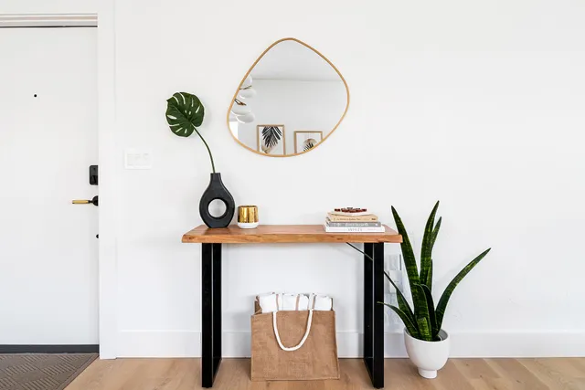 a view of a hallway with painted walls